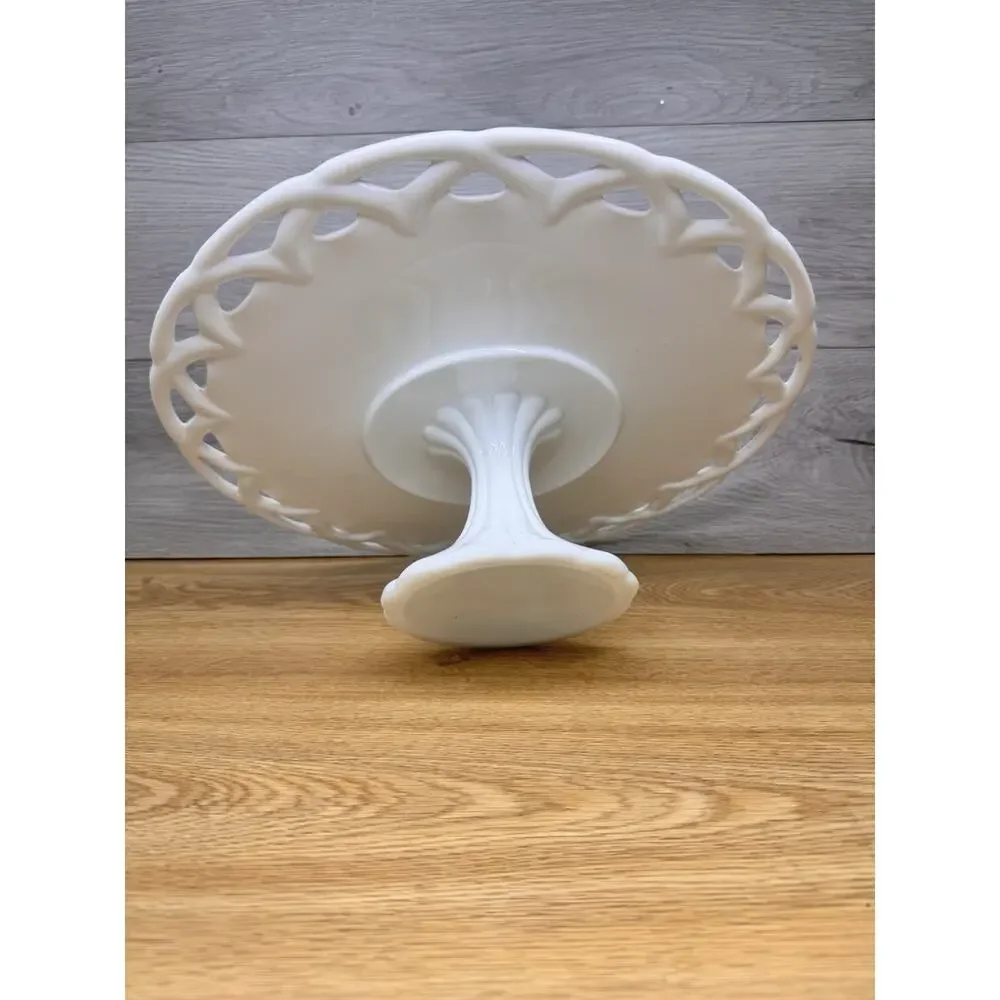 Large Colony Milk Glass Footed Cake Stand with Open Lace Edge 13-5/8” Diameter